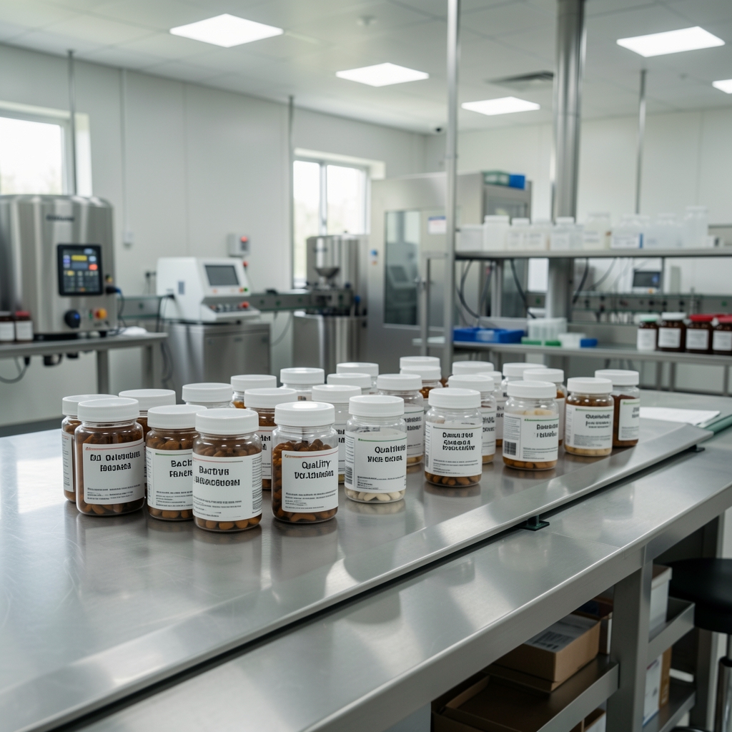 Quality-control bench in an Indonesian food supplement facility with batch-coded capsule containers under studio lighting