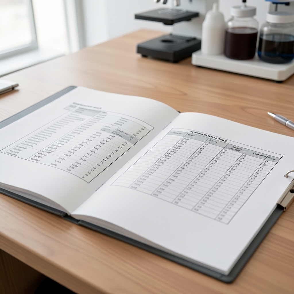 Close-up of open batch documentation folder with printed elemental concentration data on a wooden desk in a clean workspace