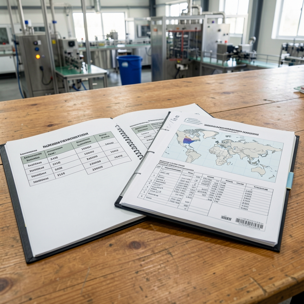 Ingredient sourcing documentation folders open on a wooden table at the Jakarta facility showing supplier codes, regional origin maps, and chain-of-custody records