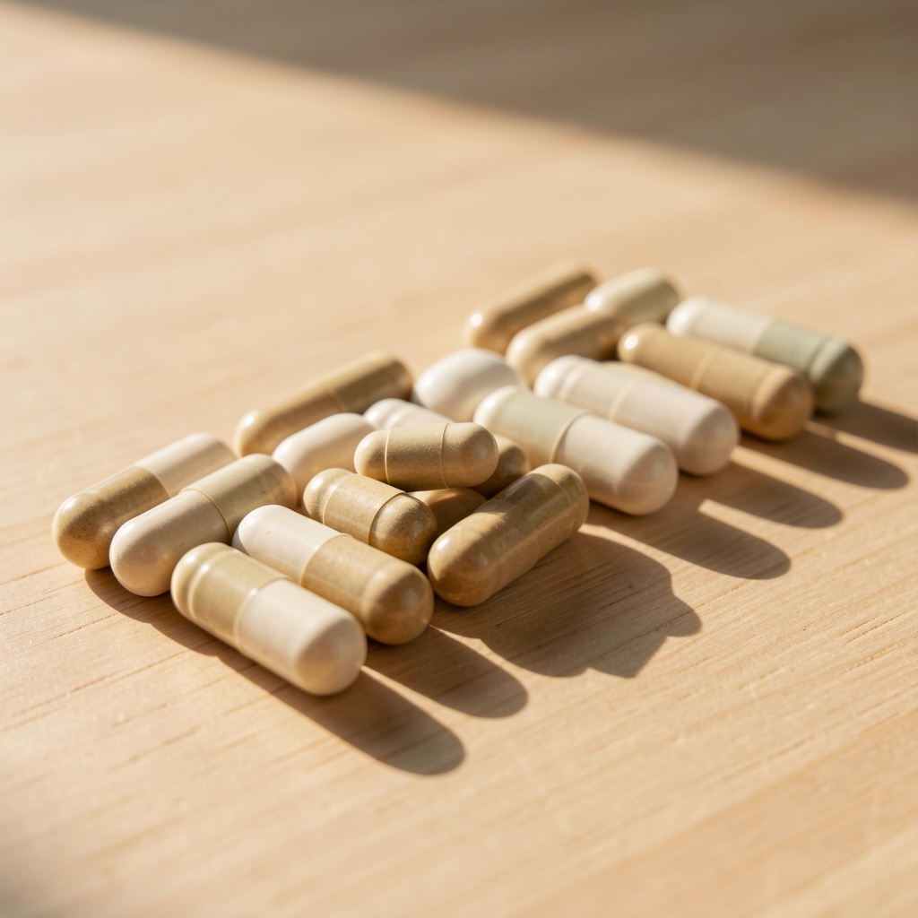 Close-up of mineral capsule supplements arranged in a row on a clean wooden surface with natural Indonesian morning light illuminating the capsule shells