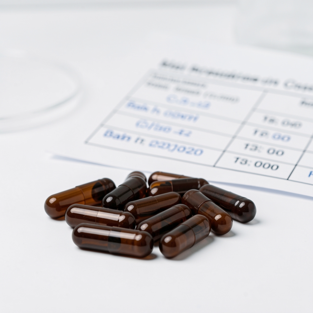 Dark amber supplement capsules arranged on a laboratory-style white surface with batch coding documentation visible in the background under controlled studio lighting
