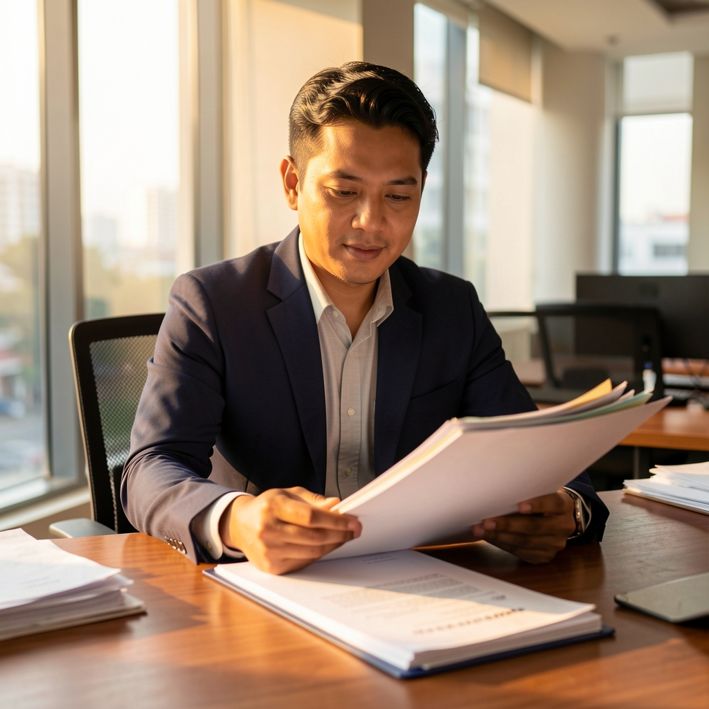 Founder reviewing batch documentation folders at a wide wooden desk in a Jakarta office with warm afternoon light coming through large windows